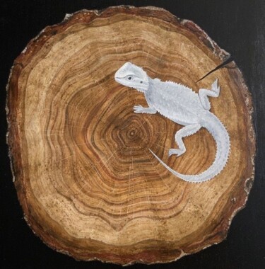 Painting titled "Lizard and tree" by Ekaterina Pshenichnaya, Original Artwork, Oil