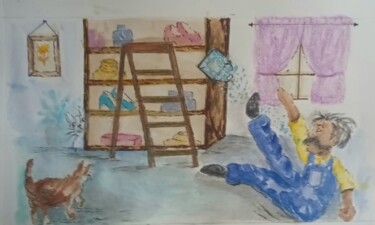 Pintura intitulada "A queda do Sr. Bigo…" por Isabel Alfarrobinha, Obras de arte originais, Aquarela