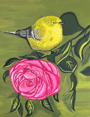绘画 标题为“A warbler and a rose” 由Nezabyvaemo, 原创艺术品, 丙烯