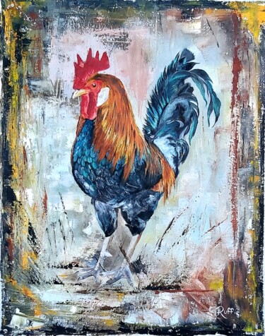 Painting titled "Coq" by Christian Ruffie, Original Artwork, Oil