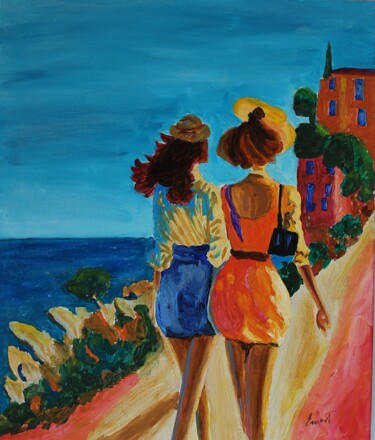 Dos mujeres paseando de Ernest Carneado Ferreri Pintura titulada "Dos mujeres paseand…" por Ernest Carneado Ferreri, Obra de arte original, Acrílico Montado en Bastidor de…