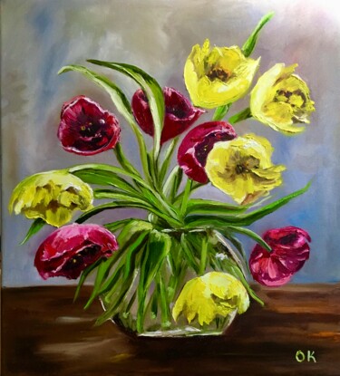 Tulips in a vase 绘画 标题为“Tulips in a vase” 由Olga Koval, 原创艺术品, 油 安装在木质担架架上