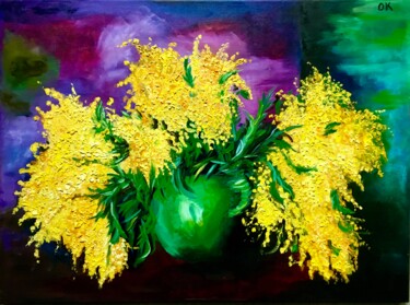 Mimosas in a vase, beauty of spring time. Painting titled "Mimosas in a vase,…" by Olga Koval, Original Artwork, Oil Mounted on Wood Stretcher frame