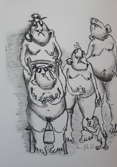 Drawing titled "portrait de famille…" by Denis Blondel, Original Artwork, Charcoal Mounted on Wood Panel