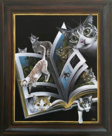 Painting titled "Le livre des chats" by Isabelle Molinard, Original Artwork, Acrylic