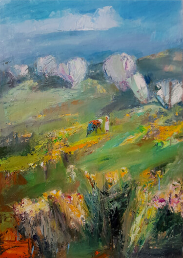 Nettle gathering woman 48x65cm, oil painting, palette knife Pintura intitulada "Nettle gathering wo…" por Mateos Sargsyan, Obras de arte originais, Óleo Montado em Armação em madeira