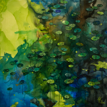 Lily pond. Glimmering 绘画 标题为“Lily pond. Glimmeri…” 由Zhanna Kondratenko, 原创艺术品, 墨 安装在木质担架架上