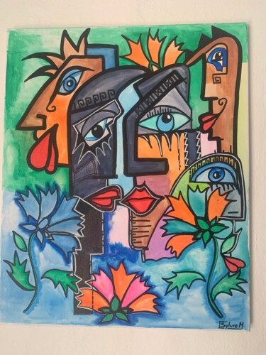 Tableau contemporain, inspiration cubisme,brut .Visage cubis Painting titled "Tableau contemporai…" by Sylvie Mercadier Cougoule, Original Artwork, Acrylic Mounted on Wood Stretcher fra…