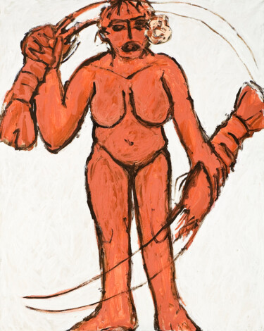 Mujer con langosta. - Woman with lobster. Painting titled "Mujer con langosta.…" by Albert Cruells, Original Artwork, Acrylic Mounted on Wood Stretcher frame