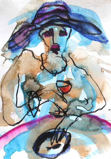 Mujer sola y vino. - Alone woman and wine. Pintura titulada "Mujer sola y vino.…" por Albert Cruells, Obra de arte original, Impresión digital