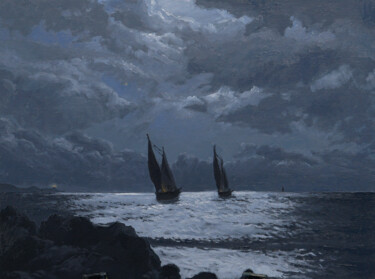 Painting titled "Яхты под луной" by Aleksandr Manoilenko, Original Artwork, Oil