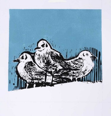Seagulls, linocut print on paper. Estampas & grabados titulada "Seagulls, linocut p…" por Victor Marin, Obra de arte original, Linograbados