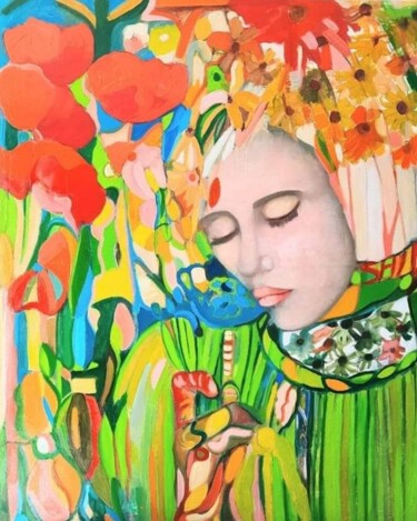 Painting titled "Tulipe" by Sandra Land, Original Artwork, Oil Mounted on Wood Stretcher frame