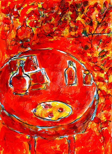 Peinture intitulée "Table à la nappe ro…" par Jean Mirre, Œuvre d'art originale, Huile