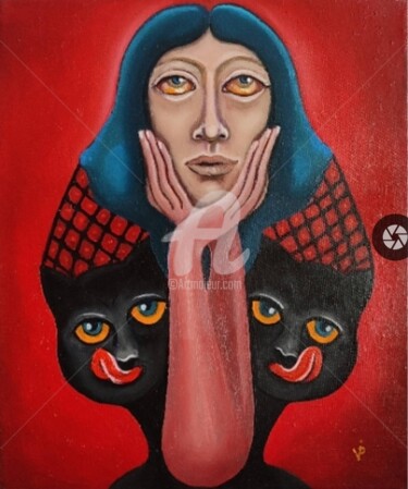 Pittura intitolato "Catwoman and black…" da Krisline, Opera d'arte originale, Olio