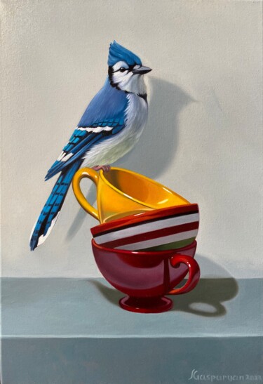 Still life with bird and cups (24x35cm, oil painting, ready 绘画 标题为“Still life with bir…” 由Ara Gasparyan, 原创艺术品, 油 安装在木质担架架上