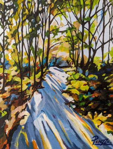 Sentier forestier au matin Painting titled "Sentier forestier a…" by Laurent Perazza, Original Artwork, Acrylic Mounted on Wood Stretcher frame