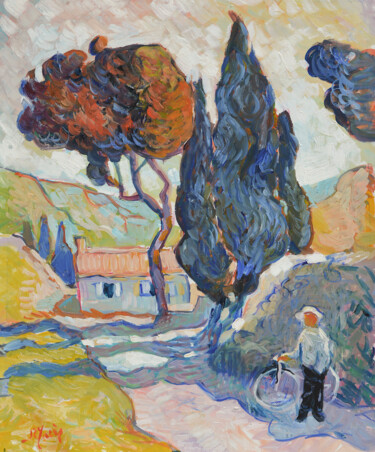 Le cycliste Peinture intitulée "Le cycliste" par Patrick Marie, Œuvre d'art originale, Huile Monté sur Châssis en bois