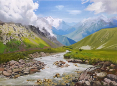 Schilderij getiteld "Шум горной реки" door Svetlana Yurova, Origineel Kunstwerk, Olie Gemonteerd op Frame voor houten branca…