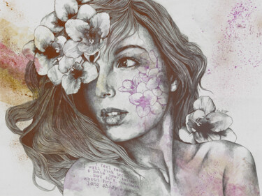 Mascara violet | beautiful woman with white flowers Digitale Kunst getiteld "Mascara violet | be…" door Marco Paludet, Origineel Kunstwerk, Acryl