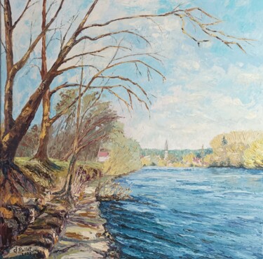 Printemps le Doubs vers Mandeure 「Printemps le Doubs…」というタイトルの絵画 Claude Rolletによって, オリジナルのアートワーク, オイル ウッドストレッチャーフレームにマウント