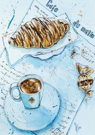 Disegno intitolato "Bon Cafe" da Iryna Rets, Opera d'arte originale, Acquarello