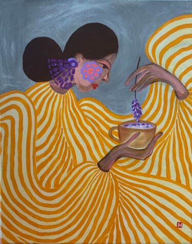 Painting titled "Lavender Tea" by Hiranya R, Original Artwork, Acrylic Mounted on Wood Stretcher frame