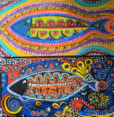 poissons et graffitis Peinture intitulée "poissons et graffit…" par Anne Cabon, Œuvre d'art originale, Acrylique