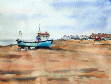 Blue fishing boat on Aldeburgh Beach