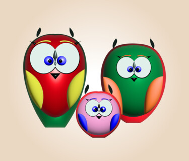Three funny owls Arts numériques intitulée "Three funny owls" par Ilona Matushkova, Œuvre d'art originale, Peinture numérique