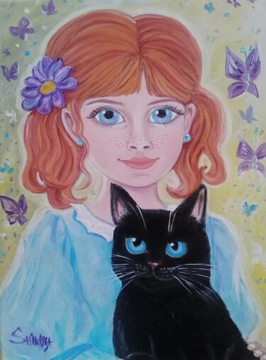 제목이 "Girl and cat"인 미술작품 Tatiana Shirova로, 원작, 기름 나무 들것 프레임에 장착됨