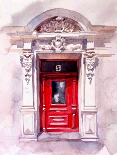 Painting titled "Red door" by Oleksandra Hoha, Original Artwork, Watercolor