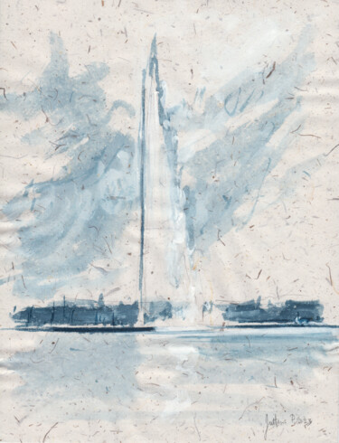 Genève, jet d'eau en camaïeu de bleu Peinture intitulée "Genève, jet d'eau e…" par Philippe Juttens, Œuvre d'art originale, Aquarelle