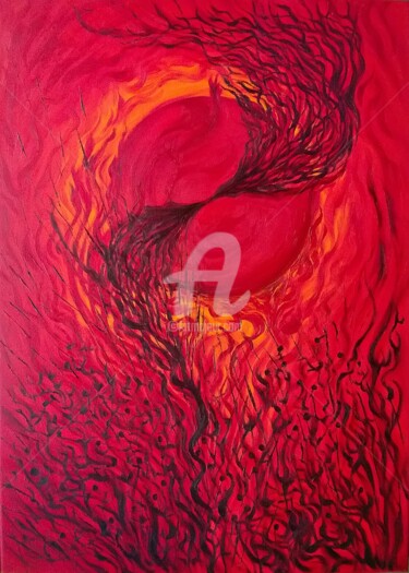 绘画 标题为“THE BIG RED” 由Constantin Popescu, 原创艺术品, 油 安装在木质担架架上