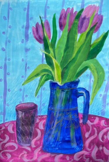 Tulips in blue vase 绘画 标题为“Tulips in blue vase” 由Valentina Pushkareva, 原创艺术品, 丙烯