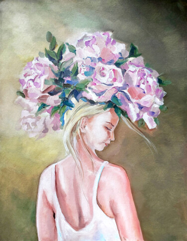 Ethereal Blossom: The Essence of Peonies and Youth 绘画 标题为“Ethereal Blossom: T…” 由Yelena Rybalkina, 原创艺术品, 油 安装在纸板上