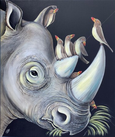 Le rhinocéros et ses oiseaux Peinture intitulée "Le rhinocéros et se…" par Annemarie Laffont, Œuvre d'art originale, Acrylique Monté sur Châssis en bois