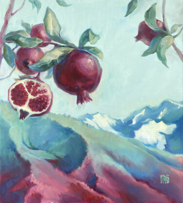 Pomegranates 绘画 标题为“Pomegranates” 由Alek Tretiak, 原创艺术品, 油 安装在木质担架架上