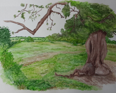 Painting titled "Sitting Tree" by Ernest Johnson, Original Artwork, Ink Mounted on Cardboard