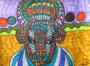 Drawing titled "King Taurus" by Njoy, Original Artwork, Gel pen