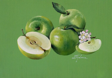 Ζωγραφική με τίτλο ""APPLES ON GREEN BA…" από Tetiana Tiplova, Αυθεντικά έργα τέχνης, Λάδι