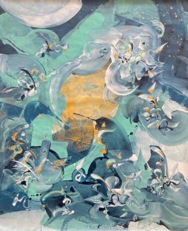 Painting titled "THE GOLDEN HEART" by Delphine Bernard, Original Artwork, Acrylic Mounted on Cardboard