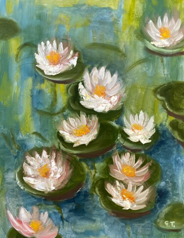 제목이 "Summer water lilies"인 미술작품 Uliana Titova로, 원작, 기름 나무 들것 프레임에 장착됨