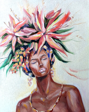Essence of Africa: Grace with Red Blooms 绘画 标题为“Essence of Africa:…” 由Yelena Rybalkina, 原创艺术品, 油 安装在纸板上