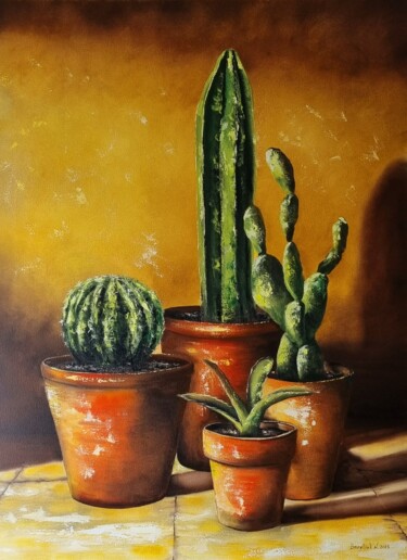 Oil painting "Cactuses" Painting titled "Oil painting "Cactu…" by Natalia Bazyliuk, Original Artwork, Oil Mounted on Wood Stretcher frame