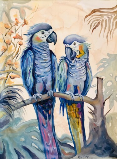 blue parrots in love Peinture intitulée "blue parrots in love" par Olga Volna, Œuvre d'art originale, Huile