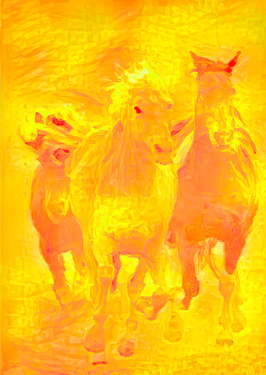 数字艺术 标题为“Trois chevaux d'or…” 由Steve Awhtz, 原创艺术品, 数字油画 安装在木质担架架上