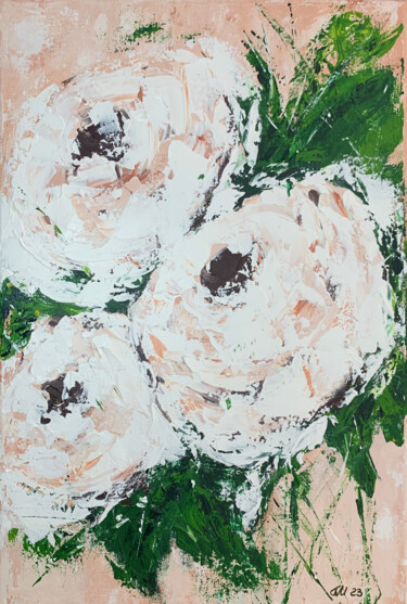 PEONY - Peach Peonies. Floral decor. Decorative painting. Sm Peinture intitulée "PEONY - Peach Peoni…" par Tatiana Malinovscaia, Œuvre d'art originale, Acrylique