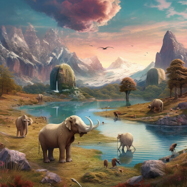 Digitale Kunst mit dem Titel "Landscape with anim…" von Guze, Original-Kunstwerk, KI-generiertes Bild
