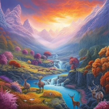 Digitale Kunst mit dem Titel "Landscape with anim…" von Guze, Original-Kunstwerk, KI-generiertes Bild